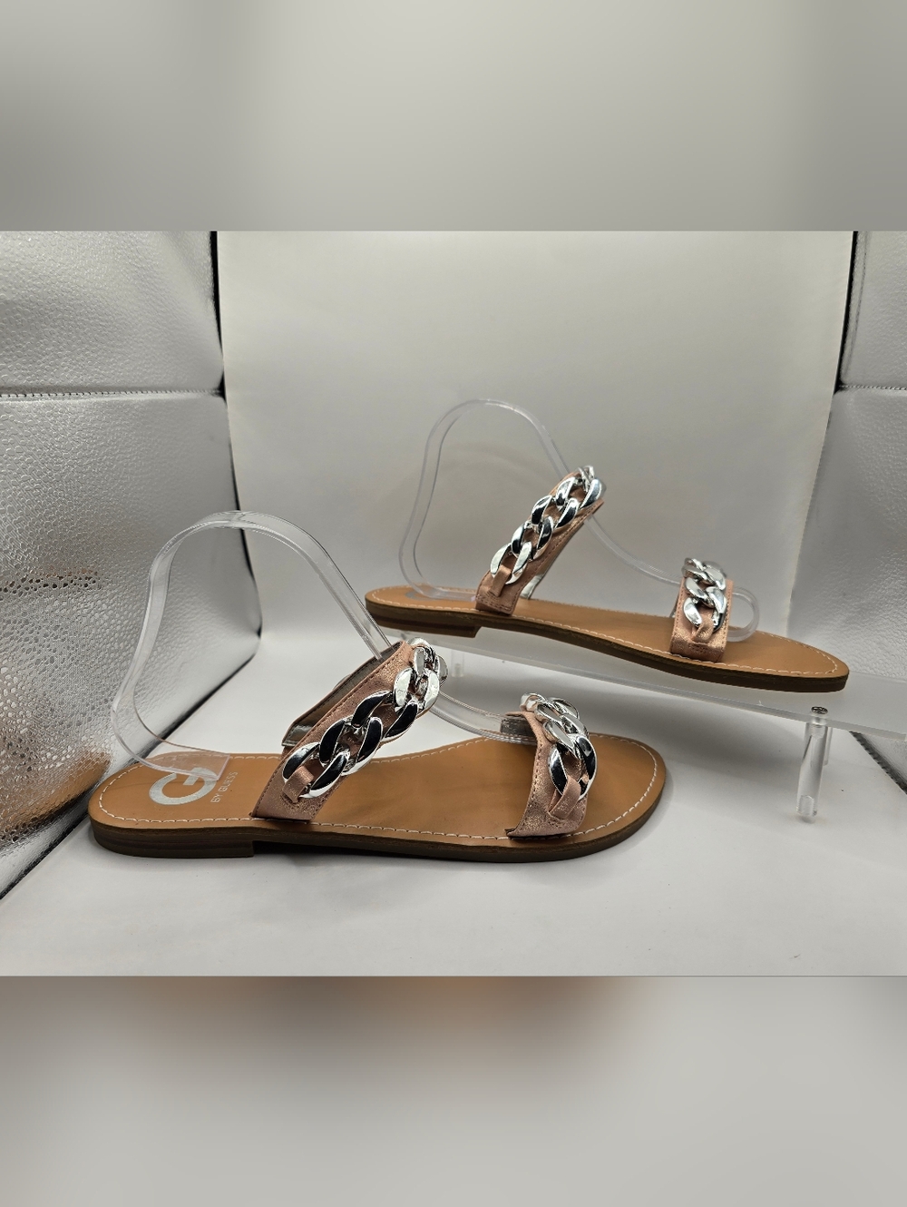 G by Guess Rose Gold Slide Sandals with Silver Chain Accent